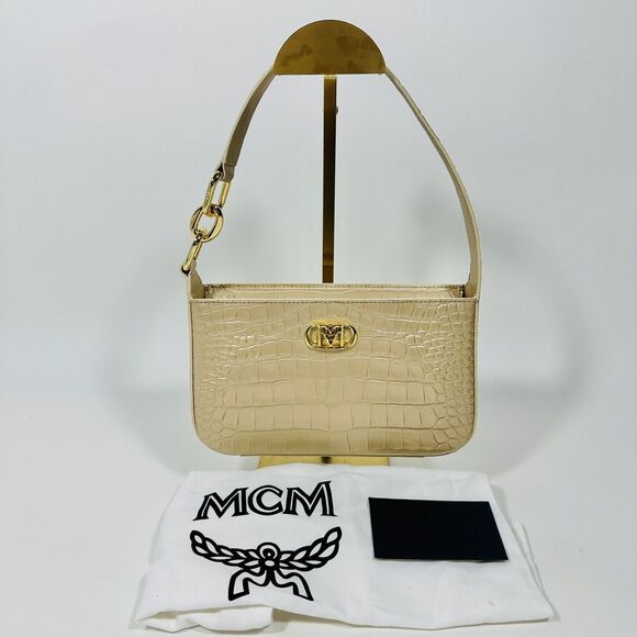 MCM Travia Shoulder Bag Gold Croco Embossed with 24K Gold Plated Logo NWT - Picture 6 of 13